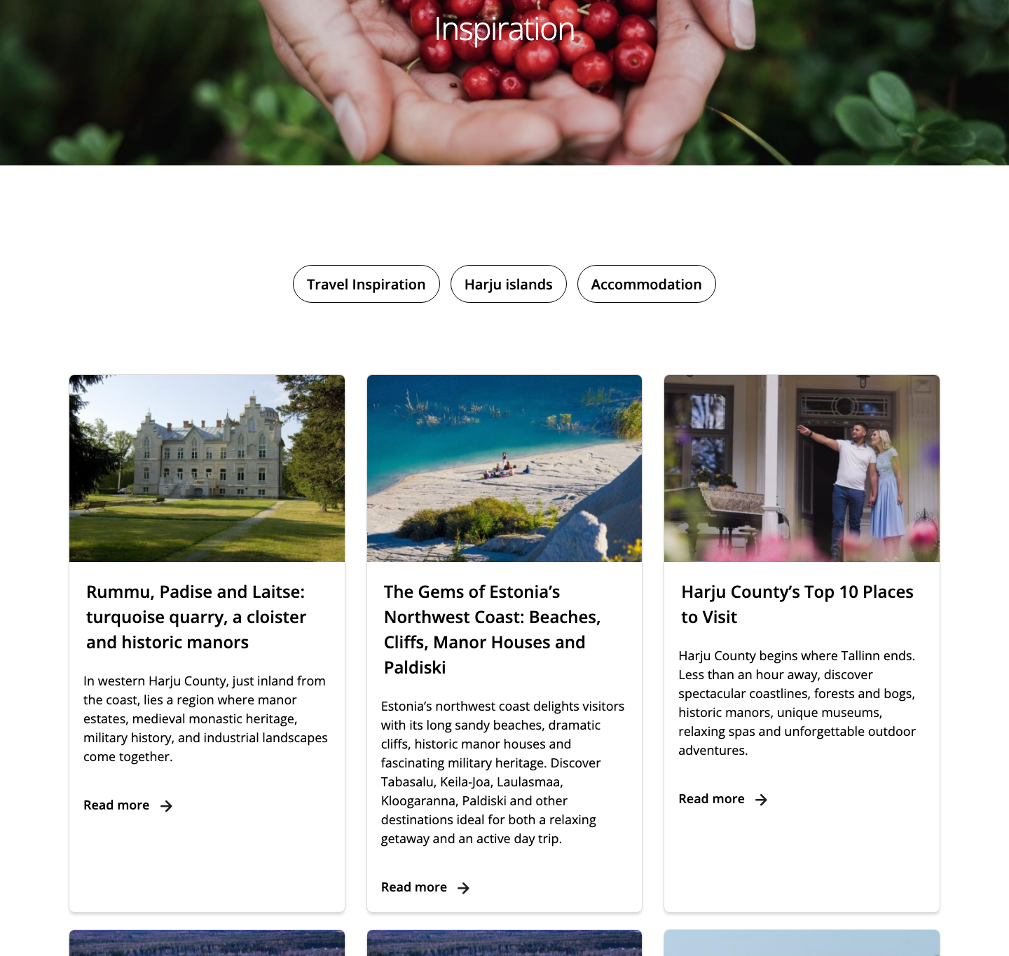 Visit Harju Inspiration page - story cards with Read more